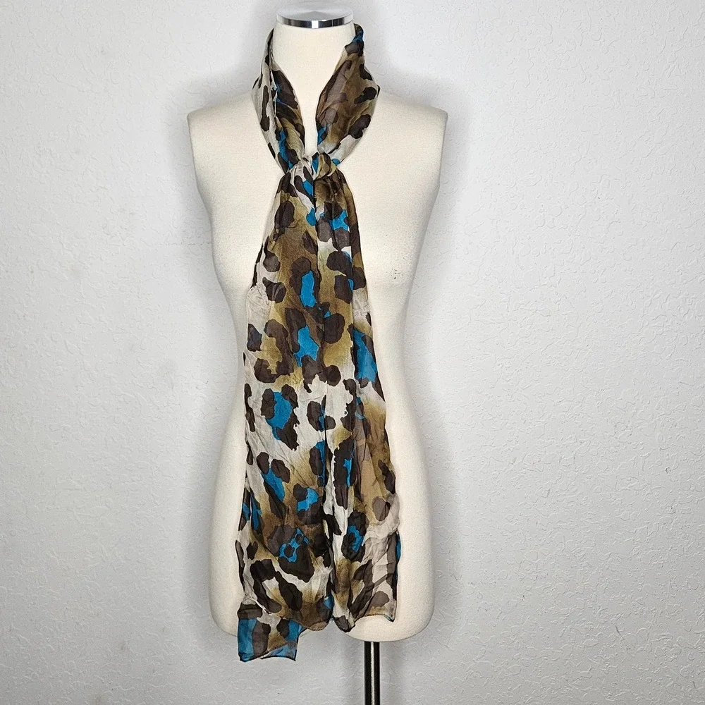 Collection XVIII Silk Scarf Brown Turquoise Leopard Animal Print Wrap Luxury